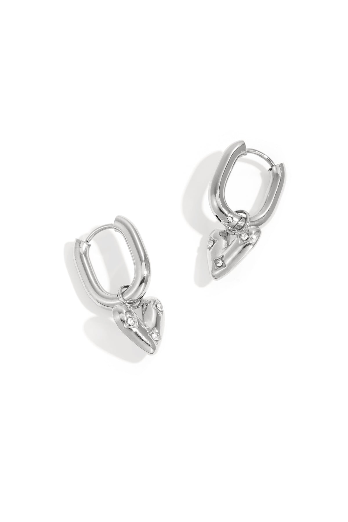 Rectangular hoop earrings with a hanging heart with stones