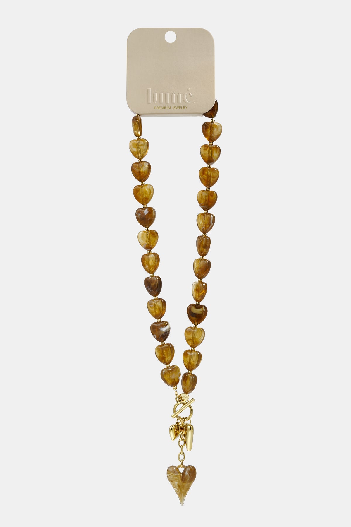 Bead necklace with hanging heart charms