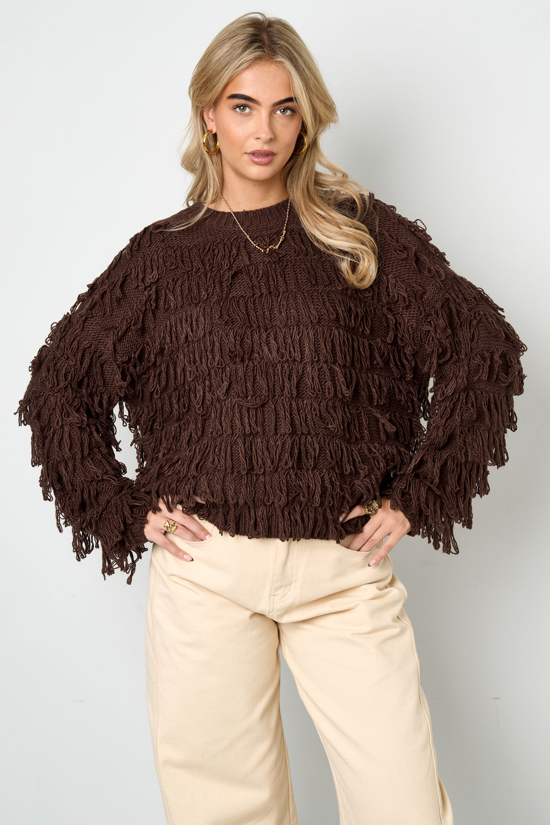 Knitted sweater with fringes