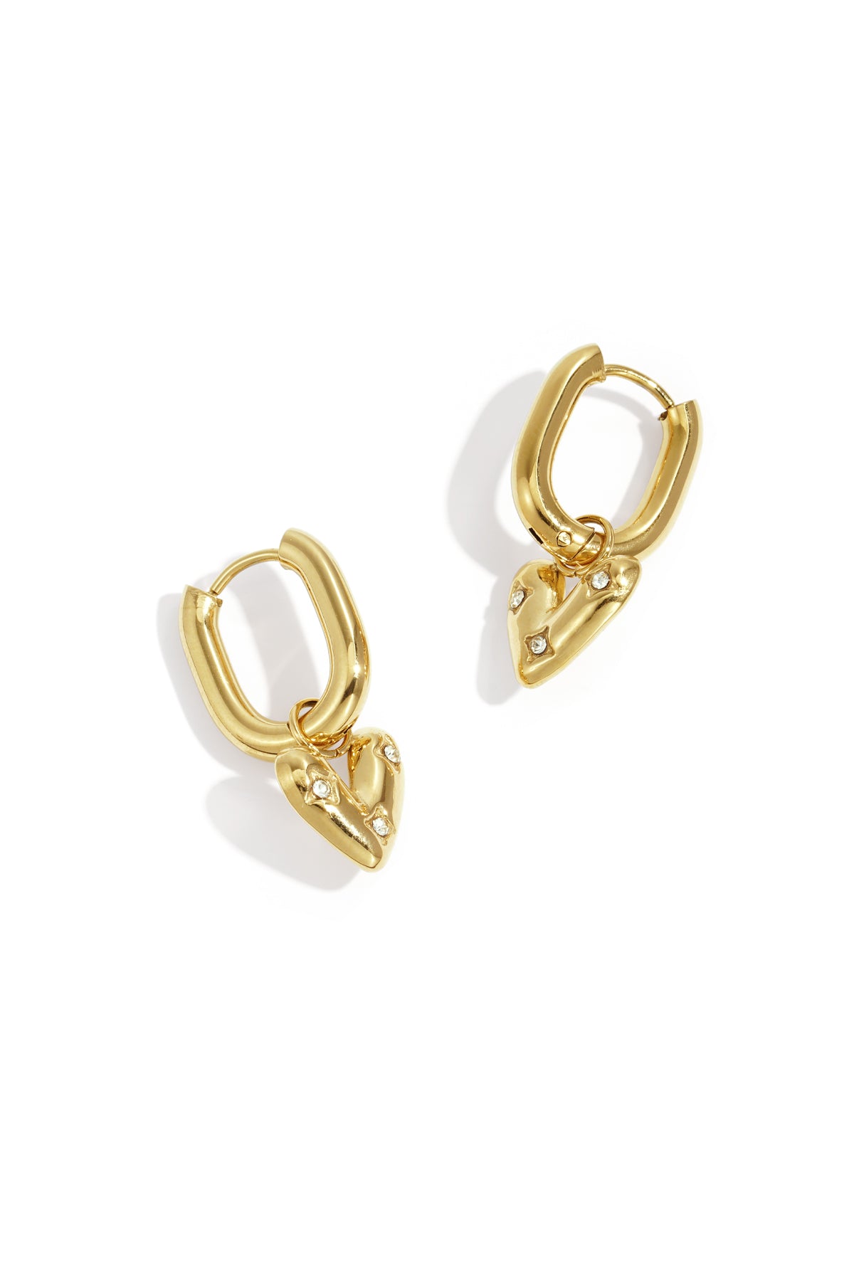 Rectangular hoop earrings with a hanging heart with stones