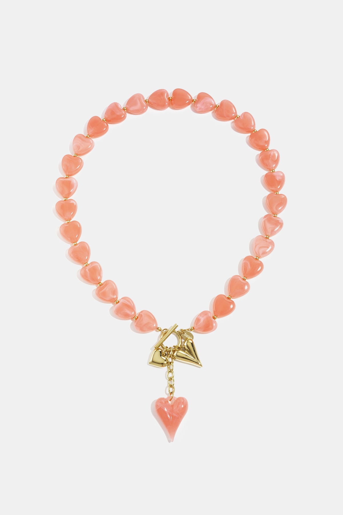 Bead necklace with hanging heart charms