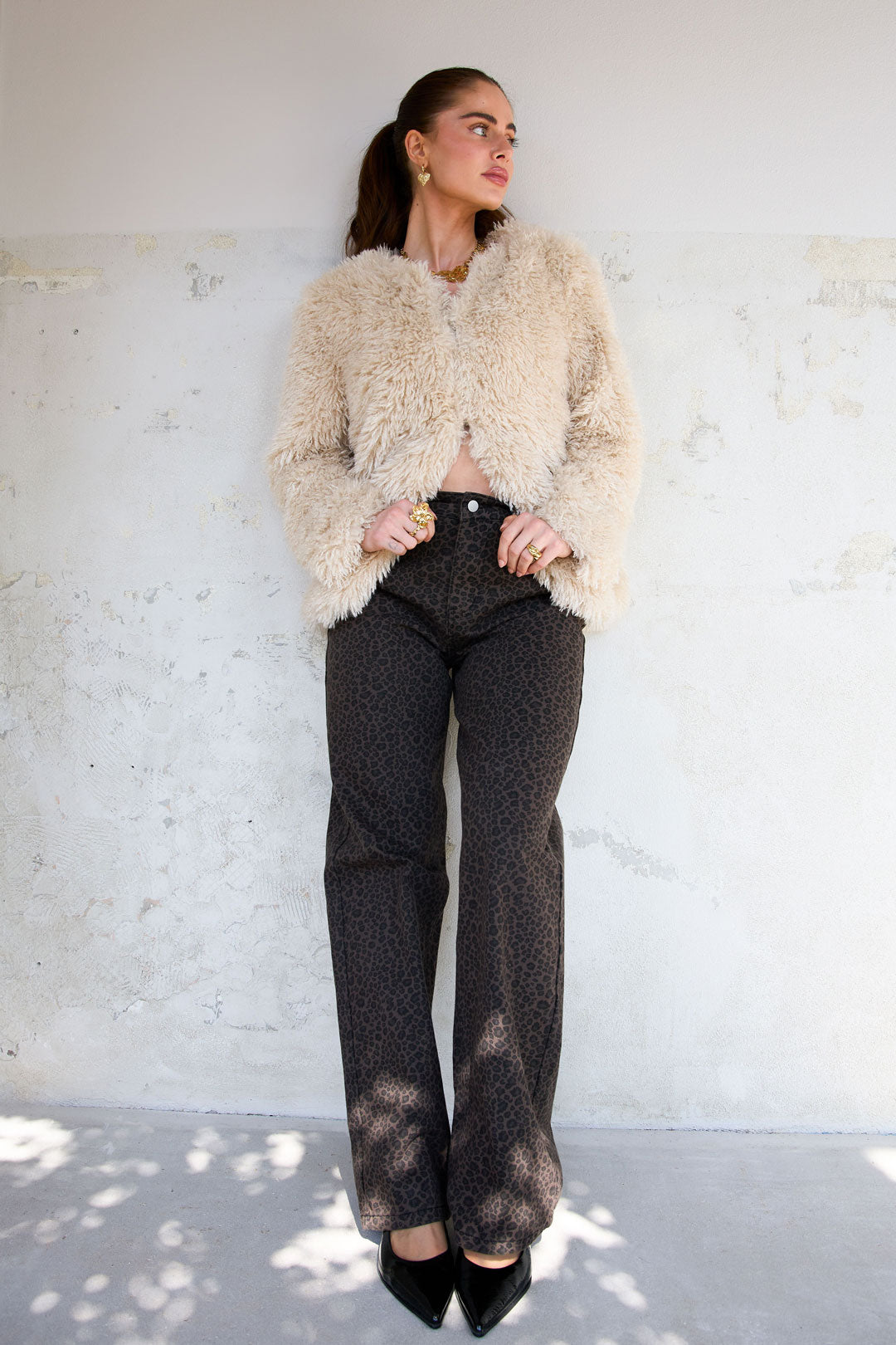 Woven Cotton Women's Straight Leg Pants Leopard Print Fall/Winter